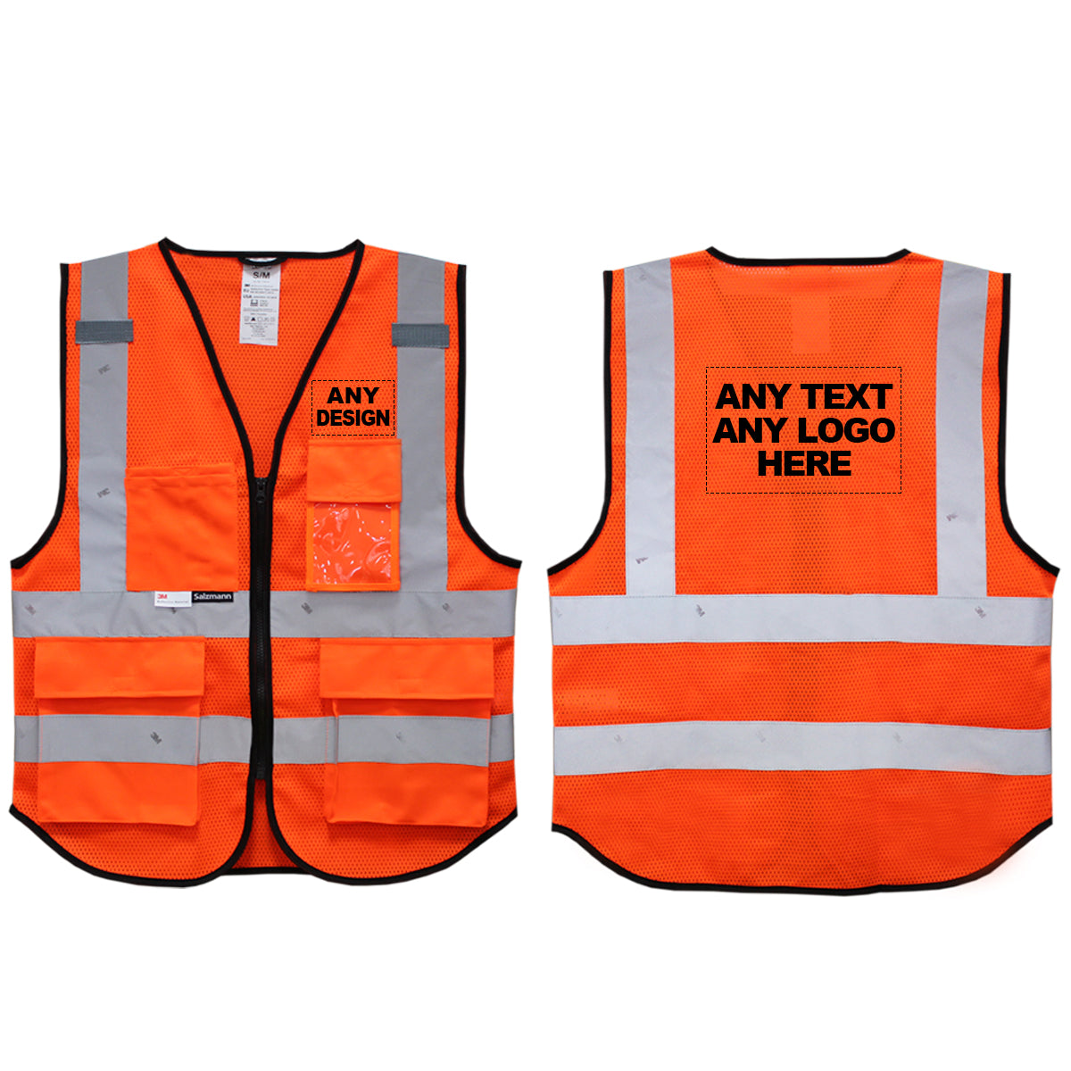 Vorder- und Rückseite einer orangefarbenen Warnweste aus Mesh-Gewebe mit dem Aufdruck "Any text, any logo here"