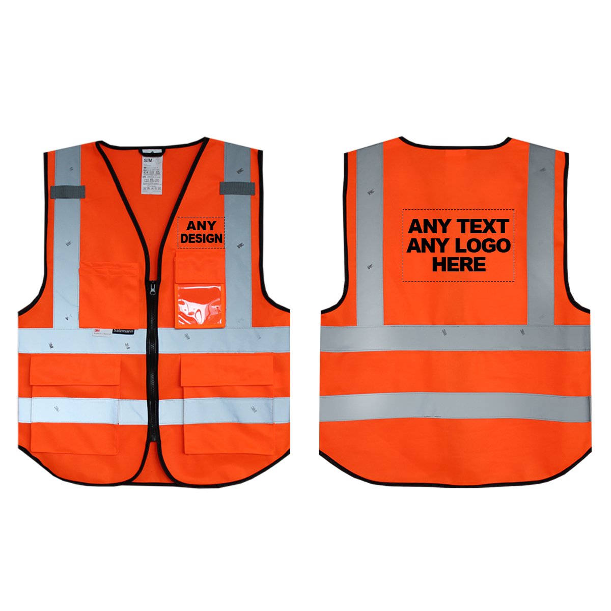 Vorder- und Rückseite einer orangefarbenen Warnweste mit dem Aufdruck "Any text, any logo here"