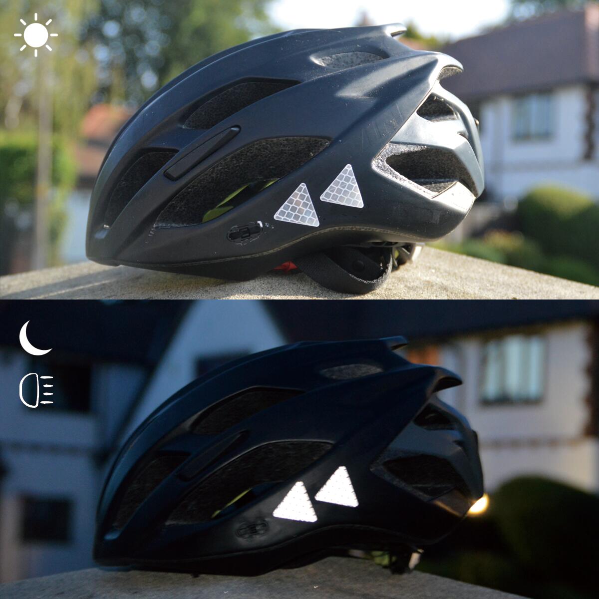 Vergleichsfoto der weißen Outdoor-Sticker an einem Fahrradhelm bei Tag und bei Nacht
