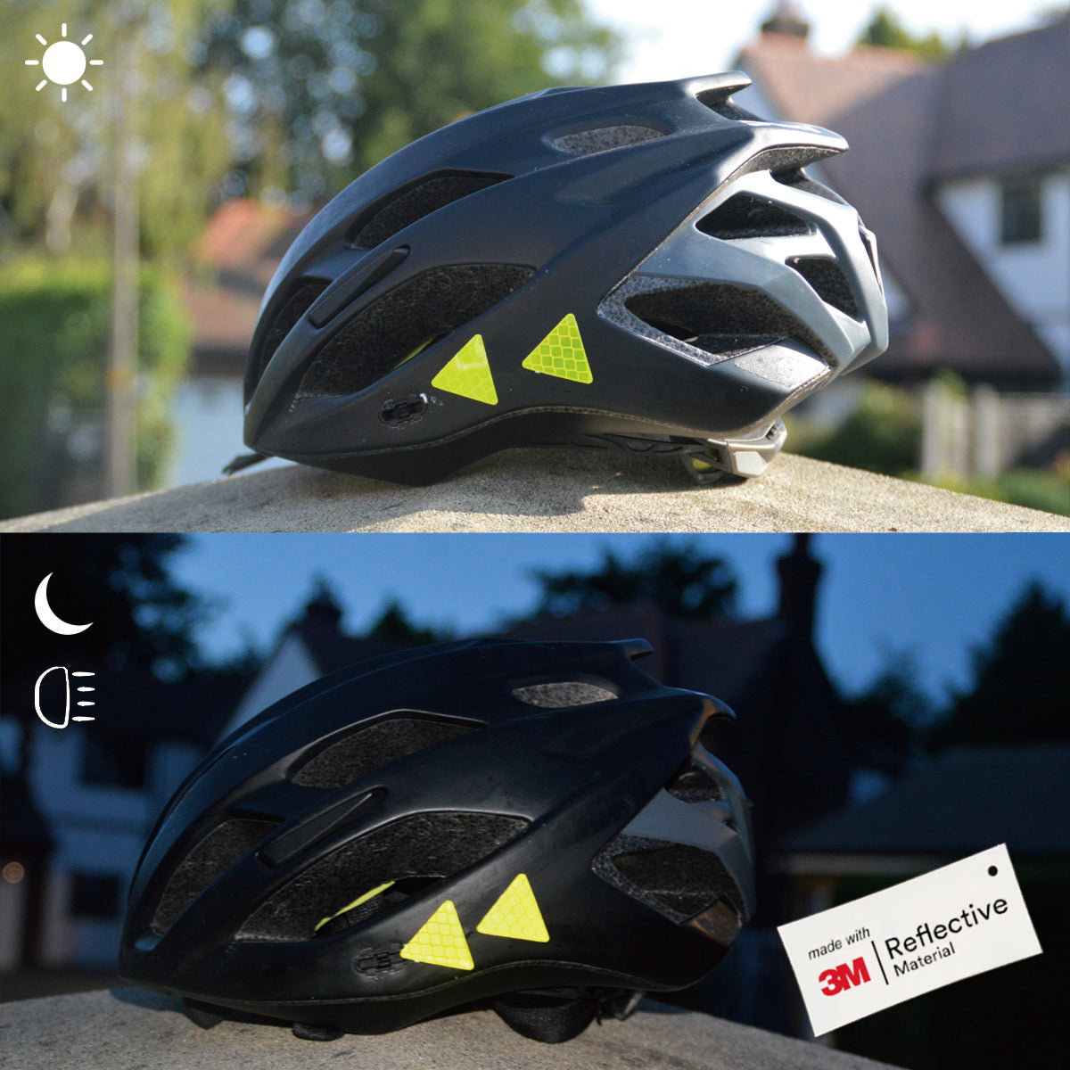 Vergleichsfoto derVergleichsfoto der gelben Outdoor-Sticker an eine Outdoor-Sticker an einem Fahrradhelm bei Tag und bei Nacht