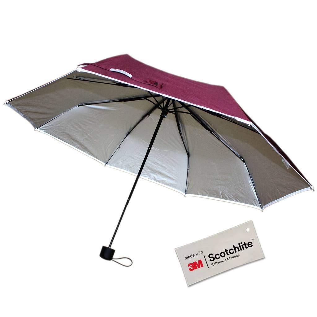 Produktabbildung des dunkelroten Regenschirms von Salzmann mit silberfarbener Anti-UV-Innenbeschichtung und reflektierenden Rändern